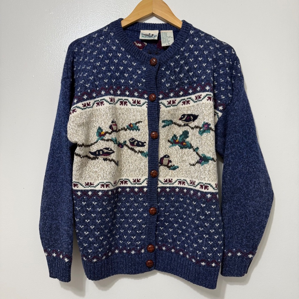Vintage Northern Reflections Blue Wool Cotton Cardigan Bird Knit Grandmacore L